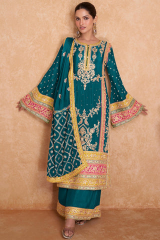 Chinon Teal Embroidered Readymade Palazzo Suit.