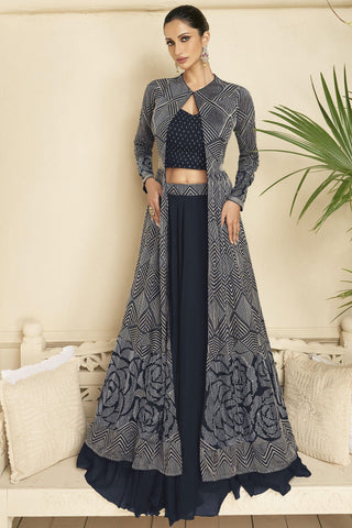 Diksha Singh Trendy Georgette Fabric Navy Blue Color Lehenga With Long Koti.