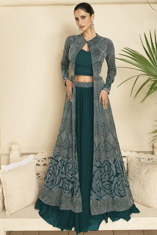 Diksha Singh Exclusive Teal Color Lehenga With Long Koti In Georgette Fabric.