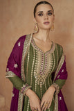 Chinon Silk Fabric Embroidered Readymade Designer Salwar Suit In Green Color.