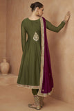 Chinon Silk Fabric Embroidered Readymade Designer Salwar Suit In Green Color.