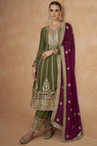 Chinon Silk Fabric Embroidered Readymade Designer Salwar Suit In Green Color.