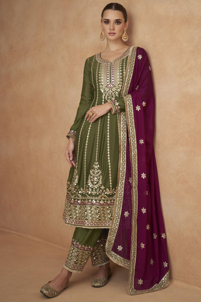 Chinon Silk Fabric Embroidered Readymade Designer Salwar Suit In Green Color.