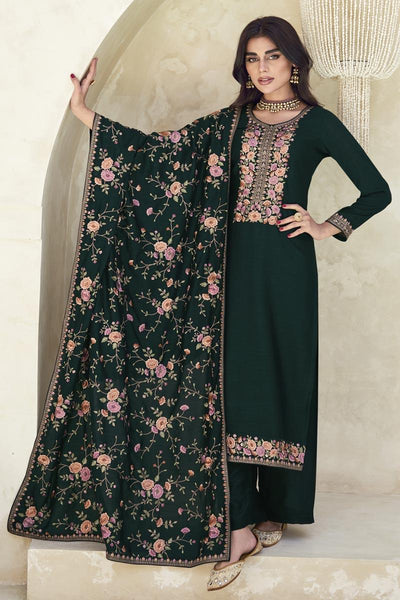 Dark Green Color Festive Wear Embroidered Long Straight Cut Salwar Suit In Art Silk Fabric.