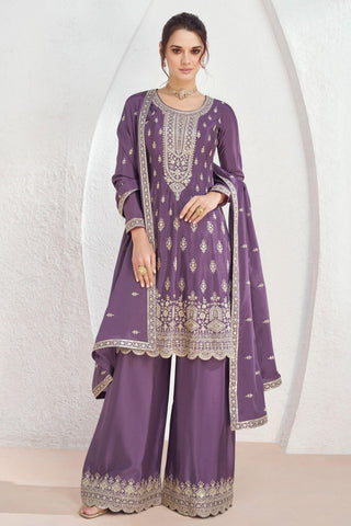 Eugeniya Belousova Trendy Art Silk Fabric Lavender Color Readymade Palazzo Suit.