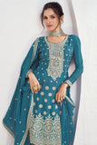Vartika Singh Exclusive Cyan Color Readymade Palazzo Suit In Art Silk Fabric.