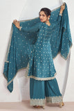 Vartika Singh Exclusive Cyan Color Readymade Palazzo Suit In Art Silk Fabric.