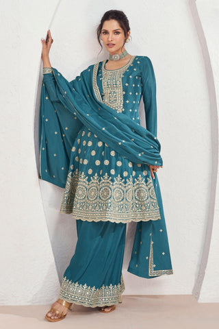 Vartika Singh Exclusive Cyan Color Readymade Palazzo Suit In Art Silk Fabric.