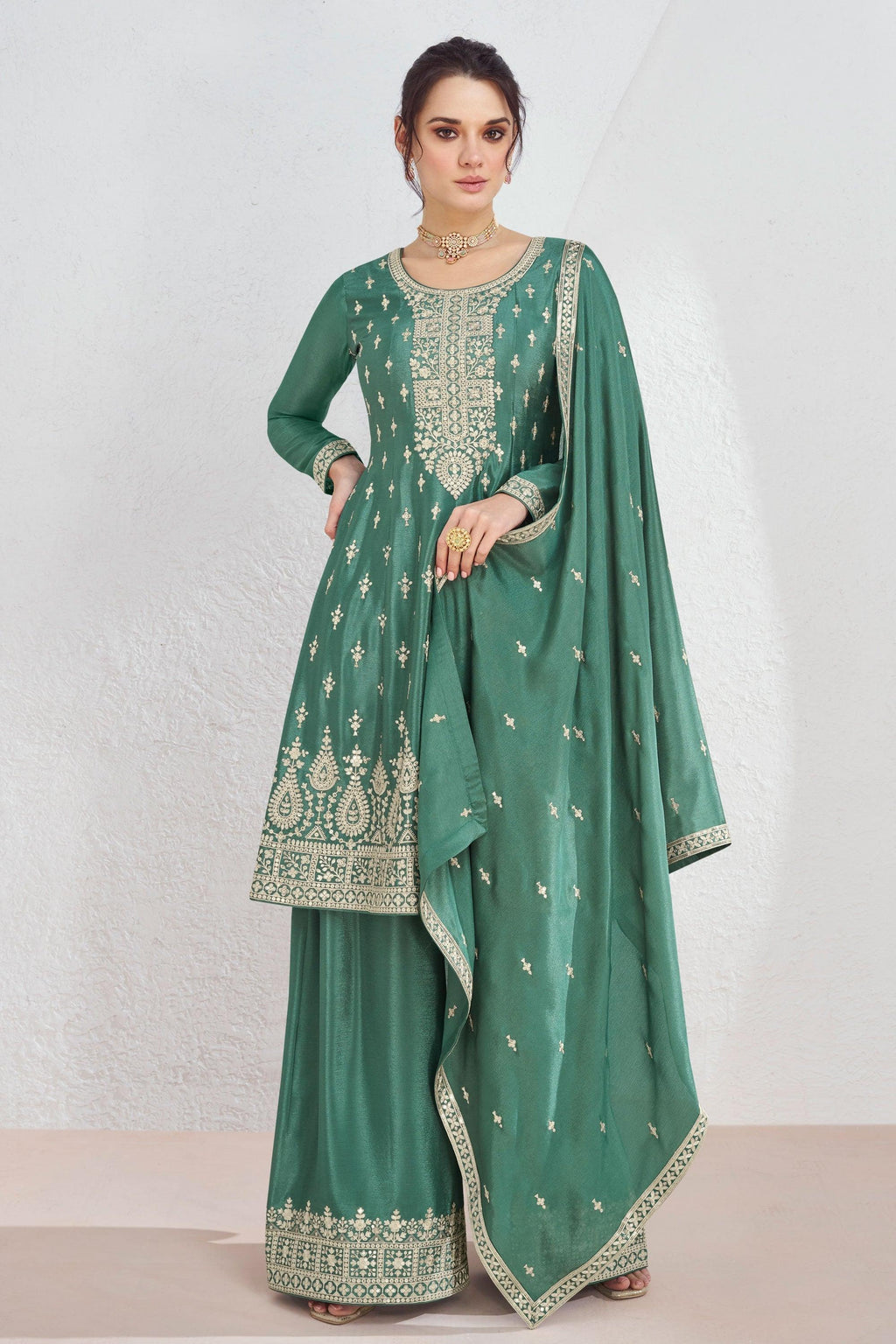 Eugeniya Belousova Sea Green Color Exquisite Readymade Palazzo Suit In Art Silk Fabric.