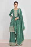 Eugeniya Belousova Sea Green Color Exquisite Readymade Palazzo Suit In Art Silk Fabric.