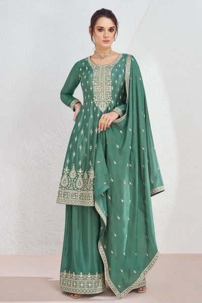 Eugeniya Belousova Sea Green Color Exquisite Readymade Palazzo Suit In Art Silk Fabric.