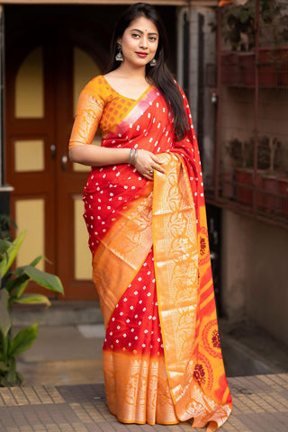 Alluring Red Color Bandhani Style Printed Art Silk Saree.