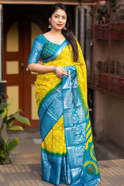 Yellow Color Graceful Bandhani Style Printed Art Silk Saree.