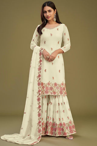 Beige Color Embroidered Function Wear Palazzo Salwar Suit In Georgette Fabric.