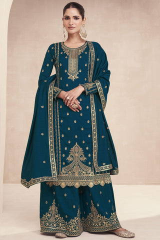 Vartika Singh Teal Color Art Silk Fancy Embroidered Readymade Designer Palazzo Suit.