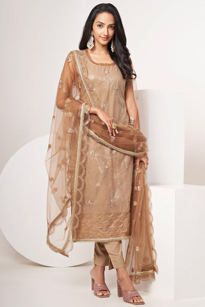 Brown Color Sequins Work Designer Straight Cut Salwar Suit In Net Fabric.