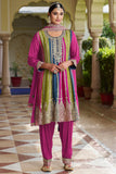 Chinon Fabric Function Wear Embroidered Readymade Designer Salwar Kameez In Rani Color.