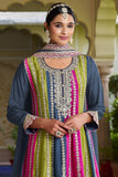 Festive Wear Embroidered Readymade Designer Salwar Kameez In Chinon Fabric Grey Color.