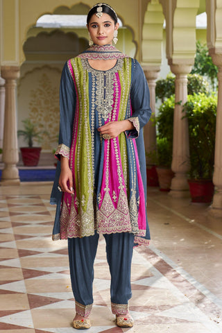 Festive Wear Embroidered Readymade Designer Salwar Kameez In Chinon Fabric Grey Color.
