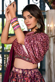 Wine Satin Fabric Function Look Printed Readymade Lehenga Choli.