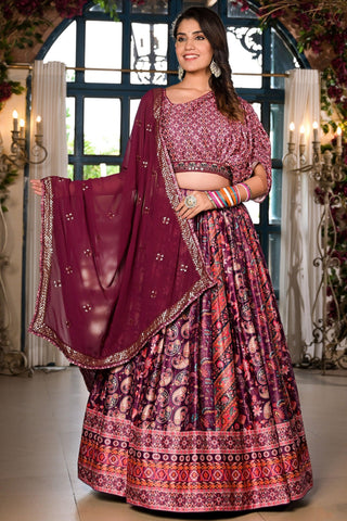 Wine Satin Fabric Function Look Printed Readymade Lehenga Choli.