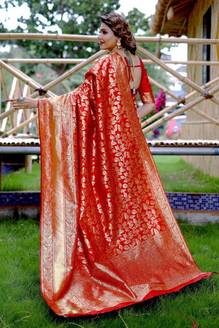Beguiling Weaving Work On Red Color Banarasi Silk Saree.