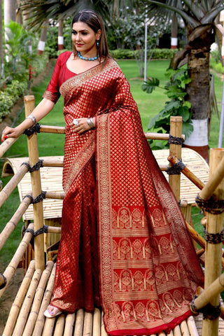 Amazing Weaving Work On Maroon Color Banarasi Silk Saree.