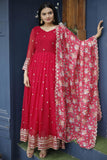 Albescent Red Color Readymade Long Anarkali Style Gown With Dupatta.