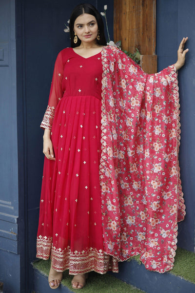 Albescent Red Color Readymade Long Anarkali Style Gown With Dupatta.