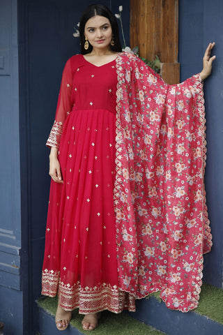 Albescent Red Color Readymade Long Anarkali Style Gown With Dupatta.