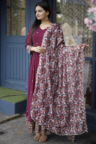 Persian Wine Color Georgette Fabric Readymade Long Anarkali Style Gown With Dupatta.