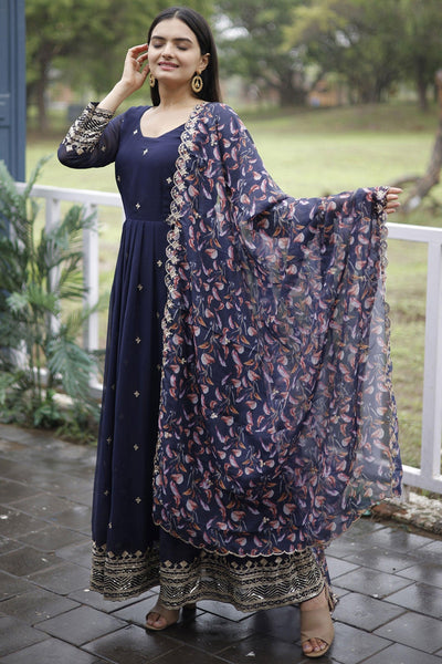 Georgette Fabric Soft Navy Blue Color Readymade Long Anarkali Style Gown With Dupatta.