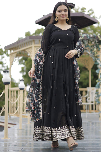 Merlot Georgette Fabric Black Color Readymade Long Anarkali Style Gown With Dupatta.