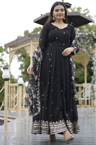 Merlot Georgette Fabric Black Color Readymade Long Anarkali Style Gown With Dupatta.