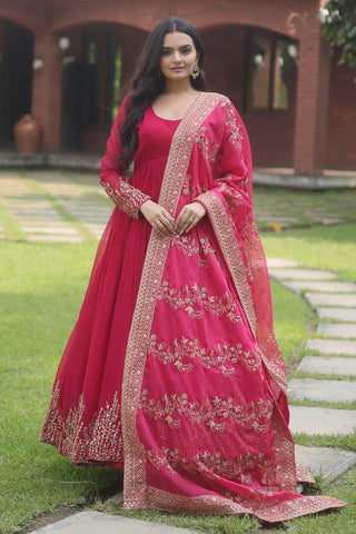 Rani Color Georgette Fabric Embroidered Readymade Long Gown With Dupatta.