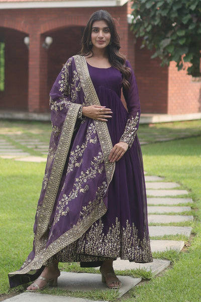 Readymade Purple Color Embroidered Long Gown With Dupatta.