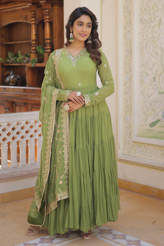 Green Color Embroidered Readymade Georgette Fabric Anarkali Style Long Gown With Dupatta.