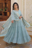 Sky Blue Color Readymade Anarkali Style Long Embroidered Gown With Dupatta.