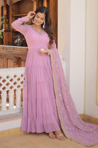 Readymade Georgette Fabric Pink Embroidered Anarkali Style Long Gown With Dupatta.