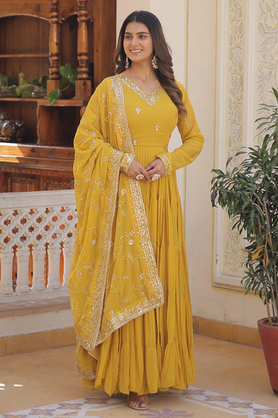 Yellow Color Anarkali Style Embroidered Readymade Long Gown With Dupatta.