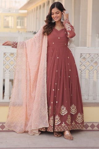Light Brown Color Georgette Fabric Sequins Work Readymade Gown With Dupatta.