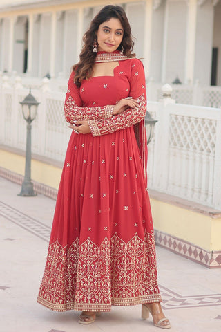 Red Color Georgette Fabric Embroidered Readymade Gown With Dupatta.