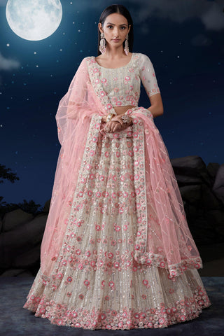 White Color Charismatic Wedding Wear Sequins Work Net Fabric Bridal Lehenga.