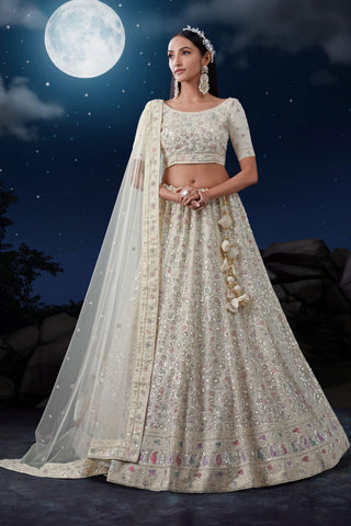 Wedding Wear White Color Glorious Sequins Work Georgette Fabric Bridal Lehenga.