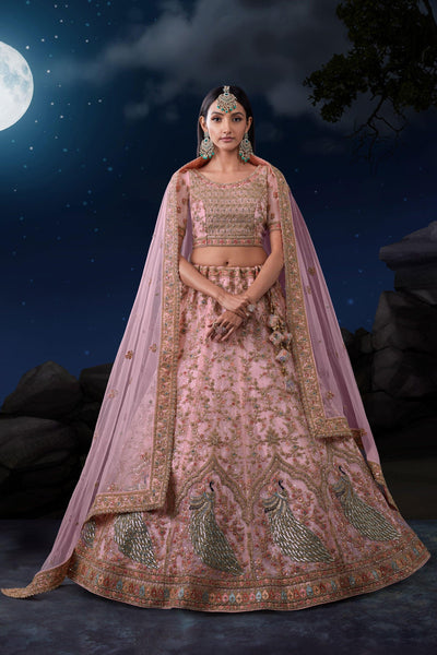Wedding Wear Pink Color Lovely Sequins Work Net Fabric Bridal Lehenga.