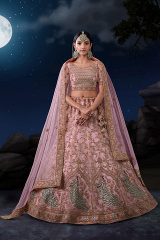 Wedding Wear Pink Color Lovely Sequins Work Net Fabric Bridal Lehenga.