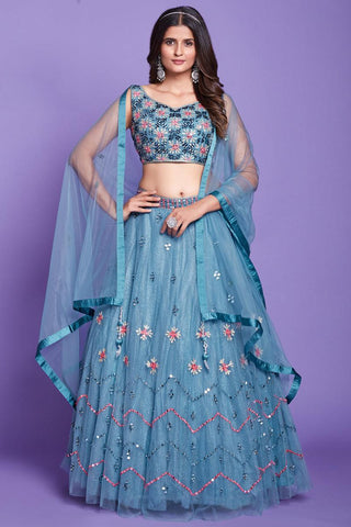 Embellished Embroidered Work On Cyan Color Silk Fabric Wedding Wear Readymade Lehenga Choli.