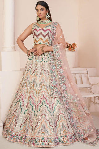 Beige Color Net Fabric Bridal Lehenga Choli With Embroidery Work.