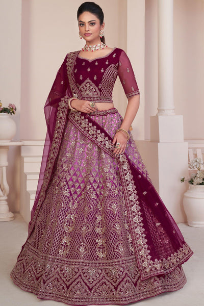 Embroidered Maroon Designer 3 Piece Lehenga Choli In Net Fabric.