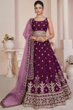 Wine Embroidered Georgette Wedding Wear Lehenga Choli.